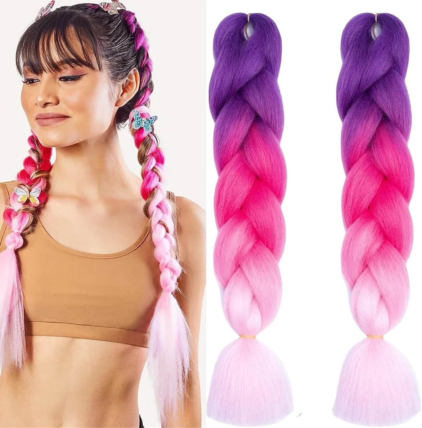 2 Packs of Colored Braids Hair Extensions Braid Synthetic Fiber 3 Tone Colored (Purple-Rose Pink-Pink) image number 1