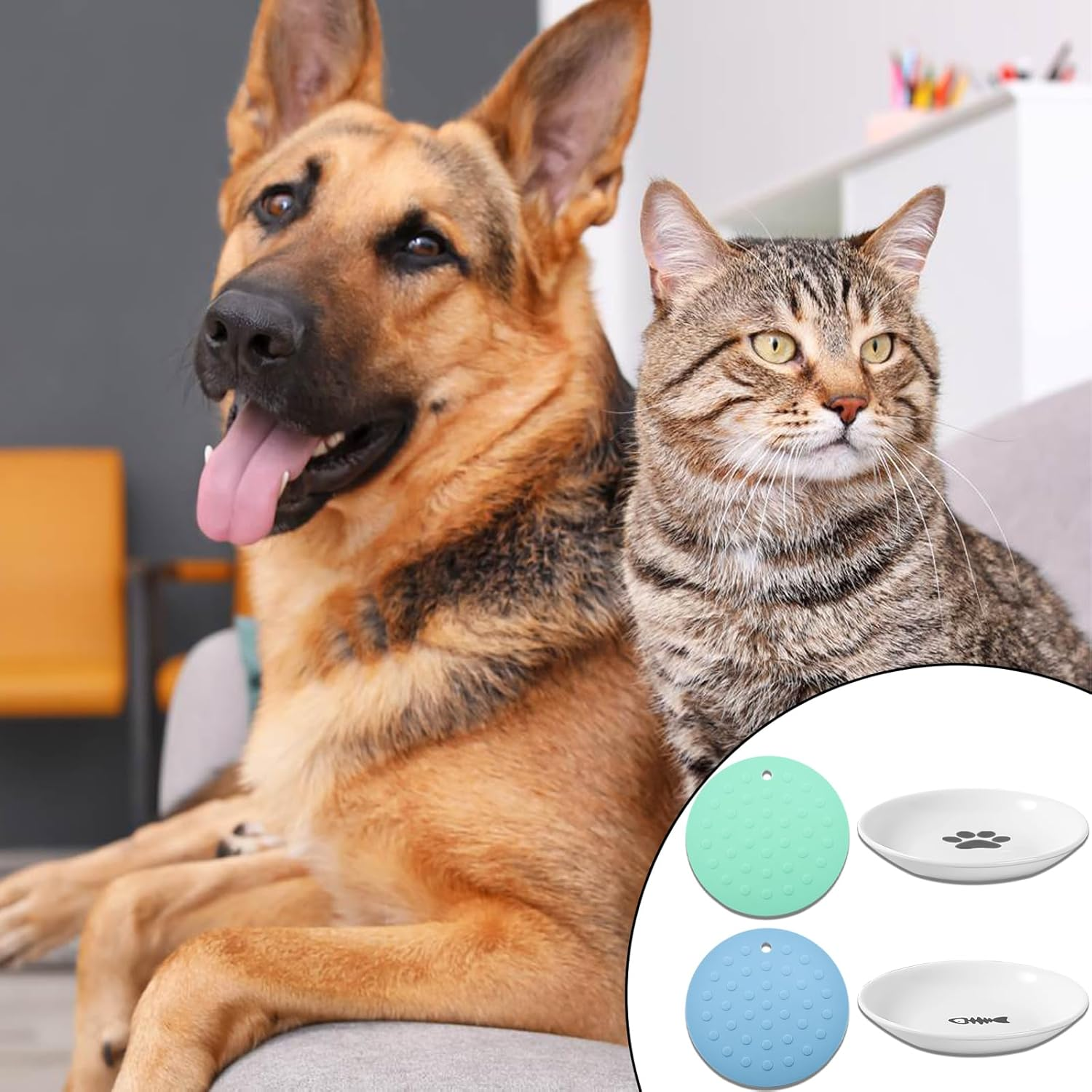 DYOUEN Pack of 2 Cat Ceramic Cat Bowl with Non-Slip Mats Cat Food Plate Non-Slip Mats Pet Bowl for Kittens and Small Animals image number 5