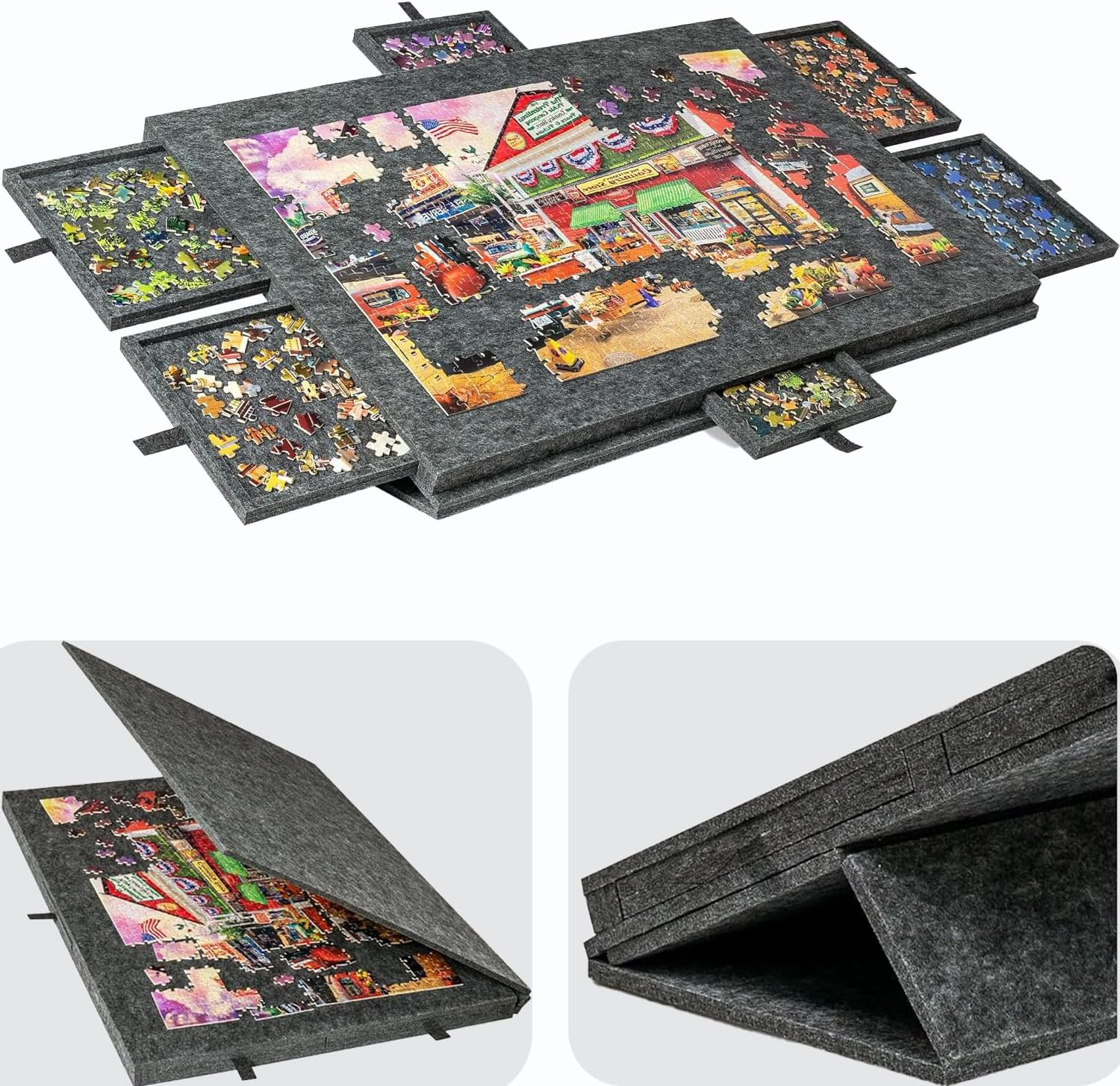 VLIEOVHN 1000 Pieces Foldable & Tilting Puzzle Board with 6 Drawers & Cover, Lightweight Jigsaw Puzzle Table with Built-In Stands for Angle Adjustments, Portable Jigsaw Puzzle Table (Gray)