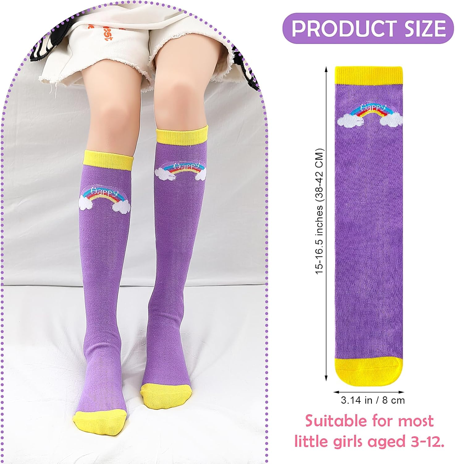PHOGARY 6 Pairs Girls Knee High Socks, Cute Socks Colorful Cartoon Animal Warm Cotton Socks Crazy Funny Kids Odd Socks Mid Calf Long Boot Socks for 3-12 Years Girls, One Size (Rainbow), Rainbow, One image number 4