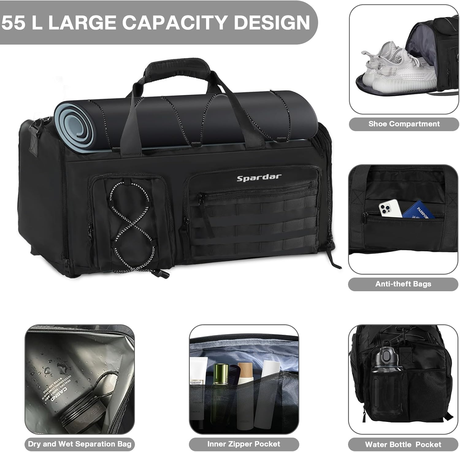 3 in 1 Gym Bag for Men and Women, with Shoe Compartment, 6 Shoe Pockets and Wet and Dry Pockets, 55L Large Capacity, Waterproof Sports Duffel Bag for Fitness, Travel, Weekend Leisure