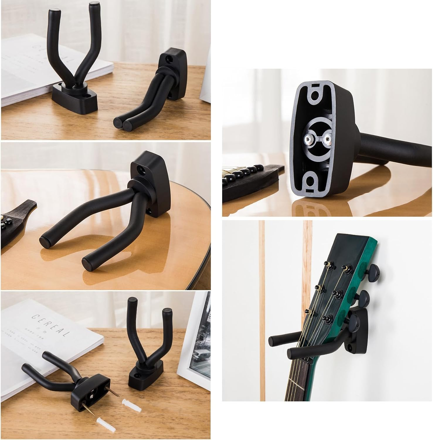 Adjustable Guitar Wall Hanger 6-Pack, Guitar Hanger Wall Hook Holder Stand Black Display with Screws - Fits Guitars, Bass, Mandolin, Banjo, Ukulele,Easy Installation, Great Gift