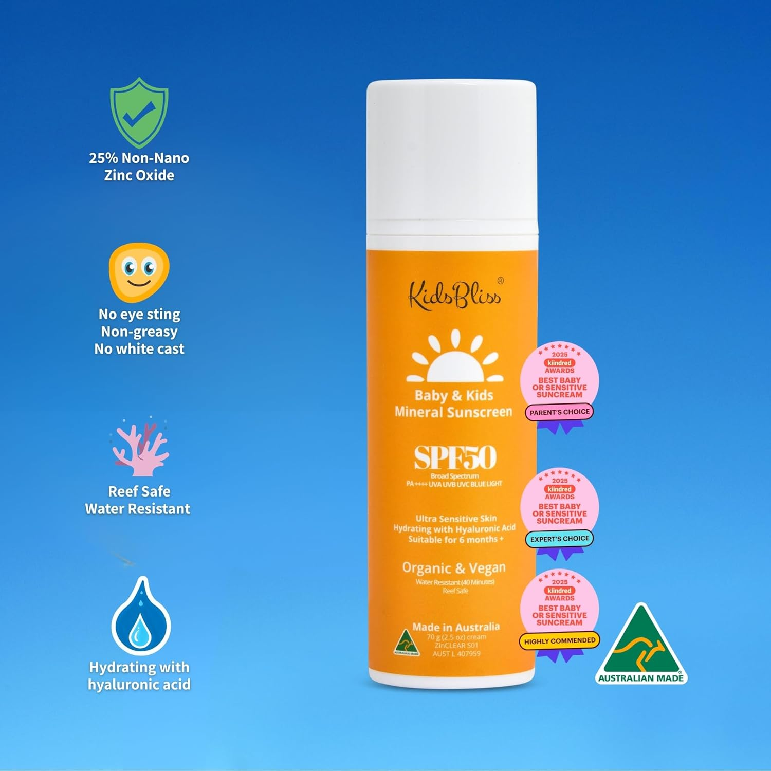 Organic Baby & Kids Mineral Sunscreen SPF 50 | 25% Non-Nano Zinc Oxide for Sensitive Skin | No White Cast, Non-Greasy & Fragrance-Free | TGA & FDA Approved | with Hyaluronic Acid - 70G image number 1