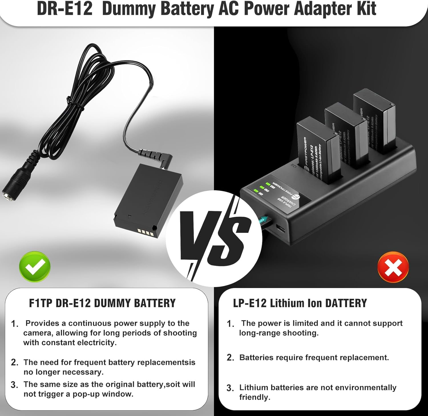 F1TP ACK-E12 AC Power Supply Adapter DR-E12 DC Coupler Kit (Replace Canon LP-E12 Battery) for Canon EOS M50 Mark II, EOS M M2 M10 M50 M100 M200, Kiss M, Kiss M2 Cameras. image number 6