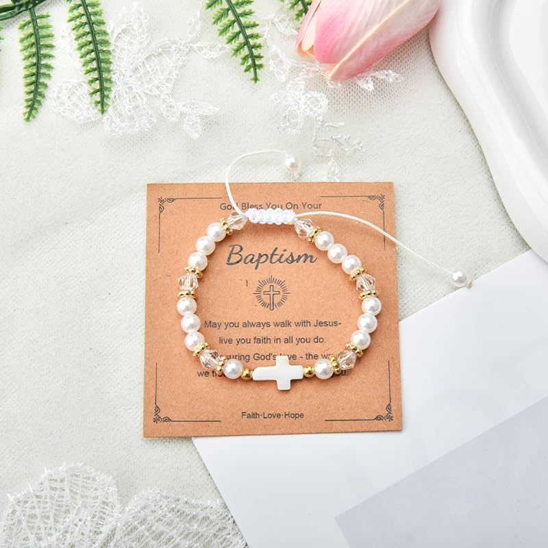 Christian Gifts for Girls First Communion Baptism Gifts for Girls Pearl Cross Bead Bracelet with Card image number 3