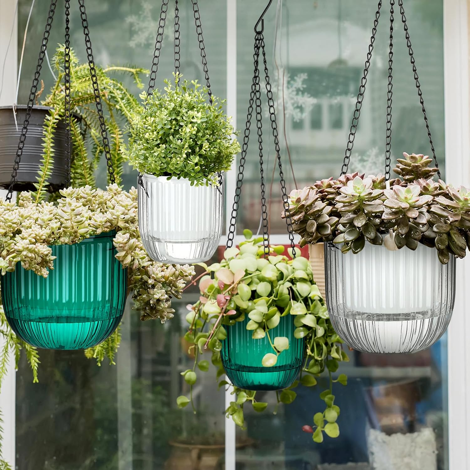 Maxcheck 4 Pcs Self Watering Hanging Planters Indoor Gift 6.5'' 4.5'' Hanging Flower Pots Baskets Outdoor Self Watering Plant with 3Hooks Drainage Holes for Home(Emerald,Clear) image number 4