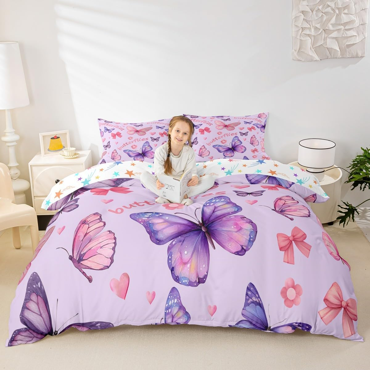 Homemissing Butterfly Duvet Cover Set Pink Bowknot Bedding Set for Boys Girls Cute Butterflies Print Bedding Set 135 X 200 Cm 2 Pieces Floral Room Decoration image number 6