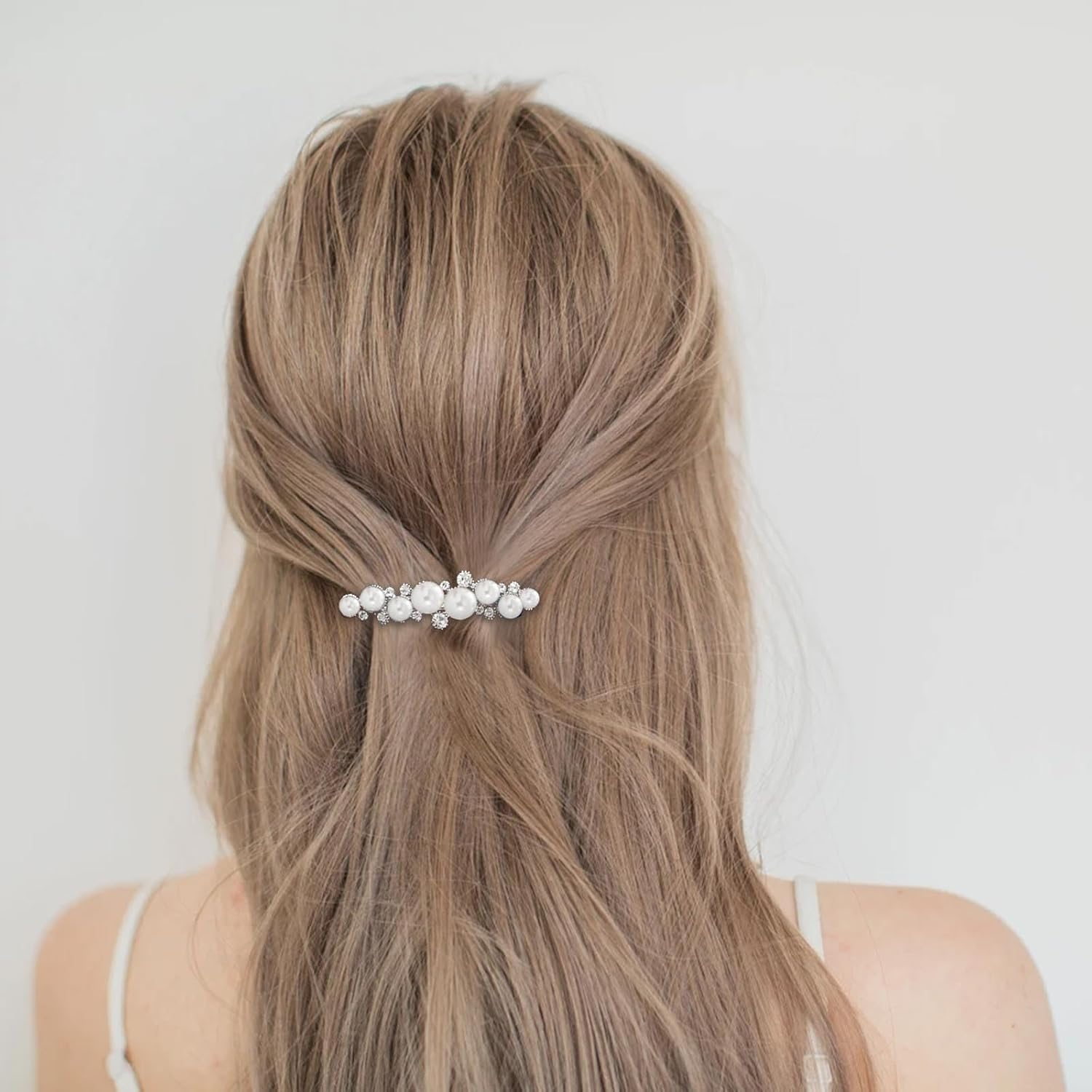Enautoabs Silver Crystal Pearl Hair Clip Pearl Hair Clip Wedding Rhinestone French Crystal Barrettes Decorative Accessories for Women Headpiece image number 2