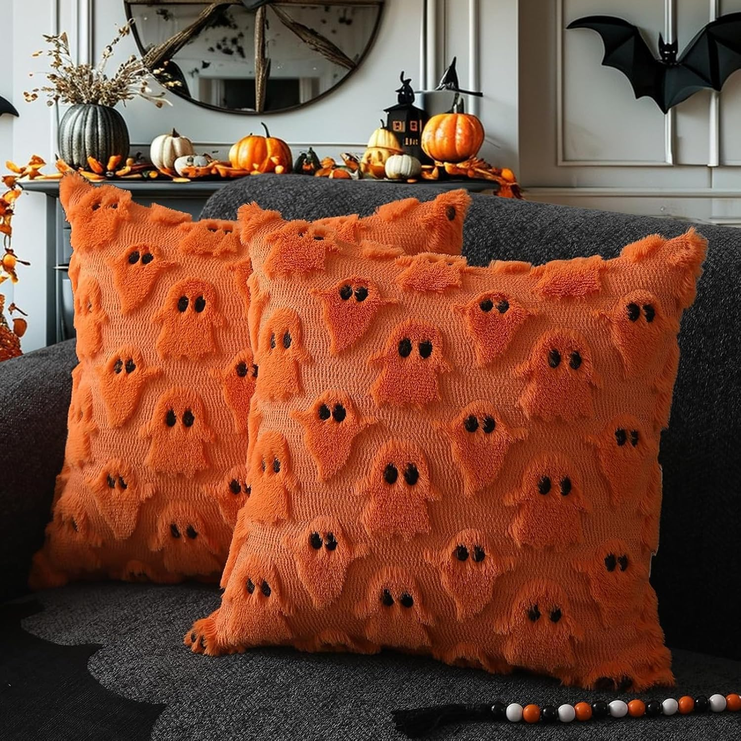 Halloween Ghost Plush Pillow Covers &ndash; 17.7 X 17.7 Inch Set of 2, Fluffy Faux Fur Cushion Covers for Sofa & Home Decor Farmhouse-Style Decorative Throw Pillow Cases (White)