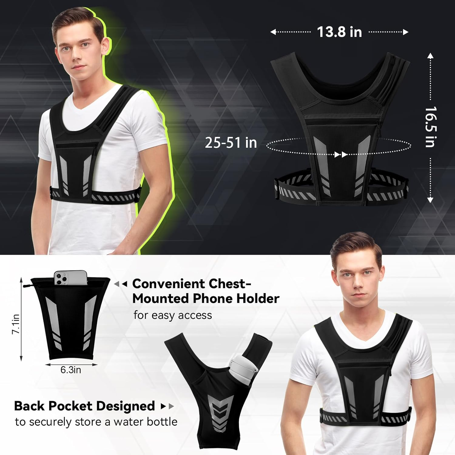 Wocharm Reflective Vest Chest Phone Holder, Adjustable Hydration Training Workout Gear for Nighttime Running Biking Motorcycle Dog Walking - Fluorescent Green image number 3