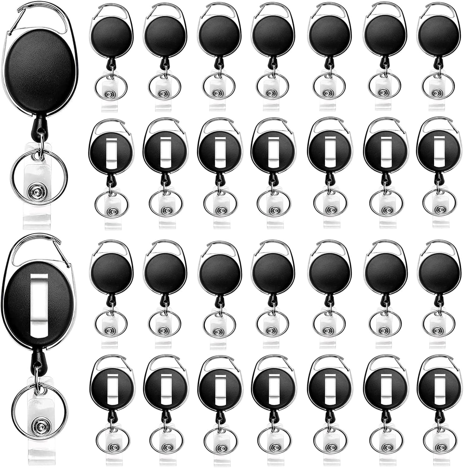 SOVYOULIVE 30 Packs Heave Duty Badge Reels Retractable with Carabiner Belt Clip and Key Ring, Badge Holders for ID Card Name Keychain(Black, 26.5 Inch Pull Cord)