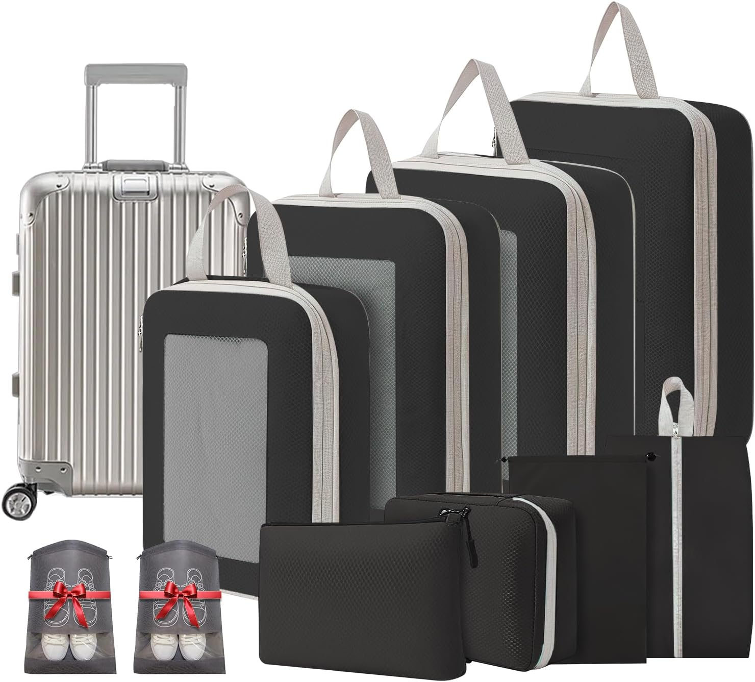 10 Set Lightweight Compression Packing Cubes Travel Organizer for Carry-On Luggage Suitcase Backpack, Space-Saving Luggage Organizer Bags with Extra Shoe Bags, Lake Blue