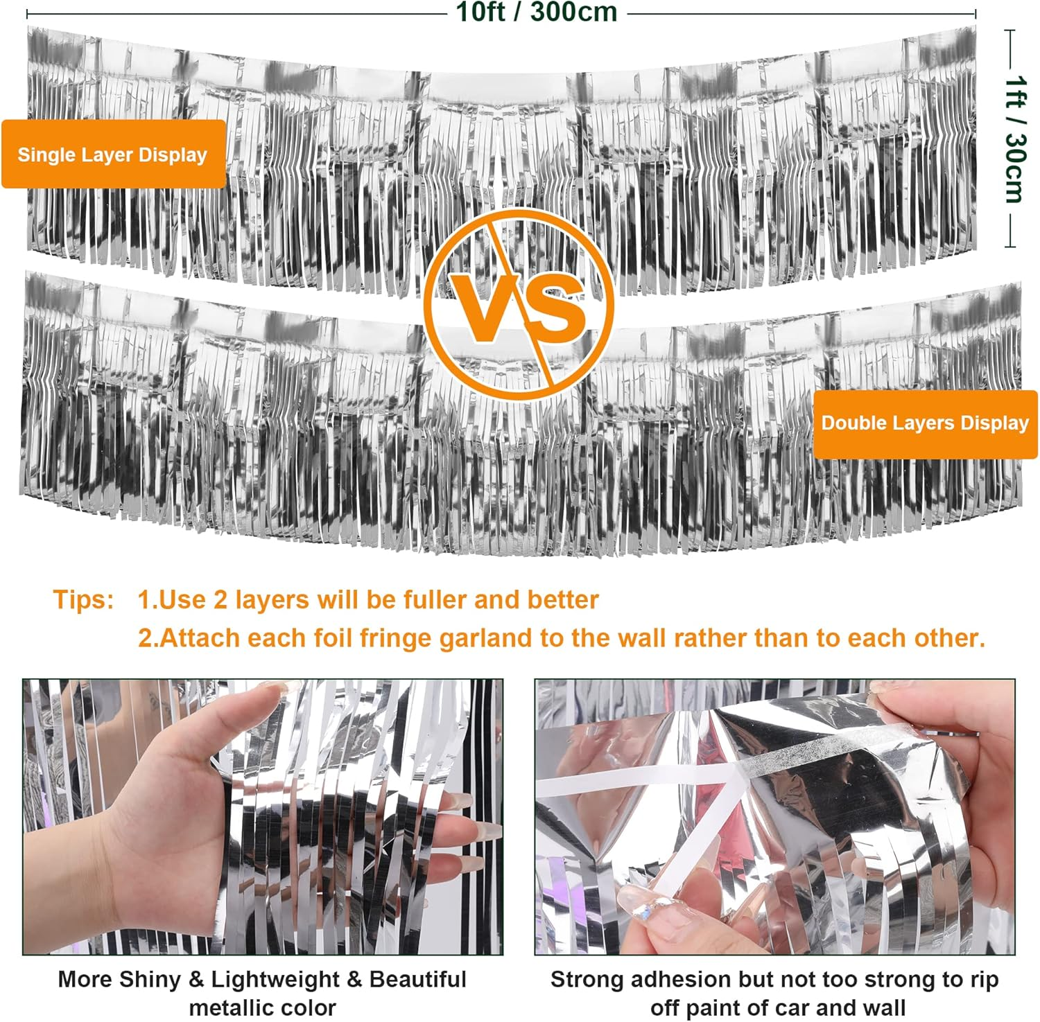 2 Pack Fringe Foil Curtain, Metallic Foil Fringe Garland Shiny Wall Hanging Drapes Tassel Foil Float for Parade Float Trailer, Birthday Holiday Party Decoration (Silver) - Gold image number 4