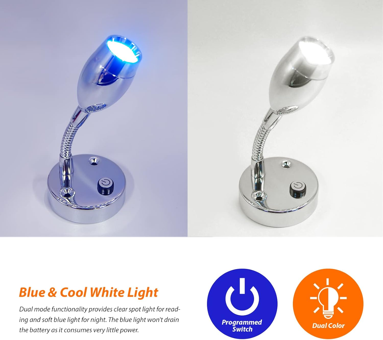 Dream Lighting 12V LED Reading Light Programmed Switch Flexible Arm Blue/Cool White Lighting RV Camper Motorhome Boat Yacht Bedside Map Chart Wall Lamps Intreior Surface Mounting Lighting Pack of 2 image number 5