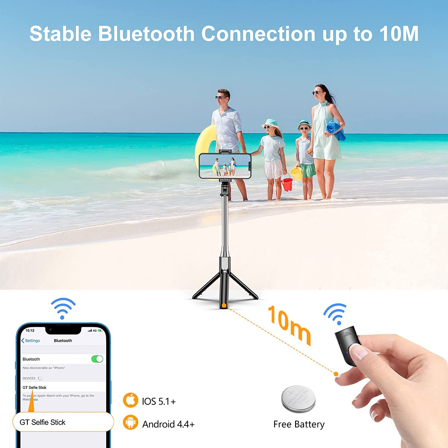 Gritin Selfie Stick Tripod, 3 in 1 Bluetooth Selfie Stick with Detachable Wireless Remote & Stable Tripod Stand, Extendable and Portable Selfie Stick Compatible With/Galaxy, Etc. image number 2
