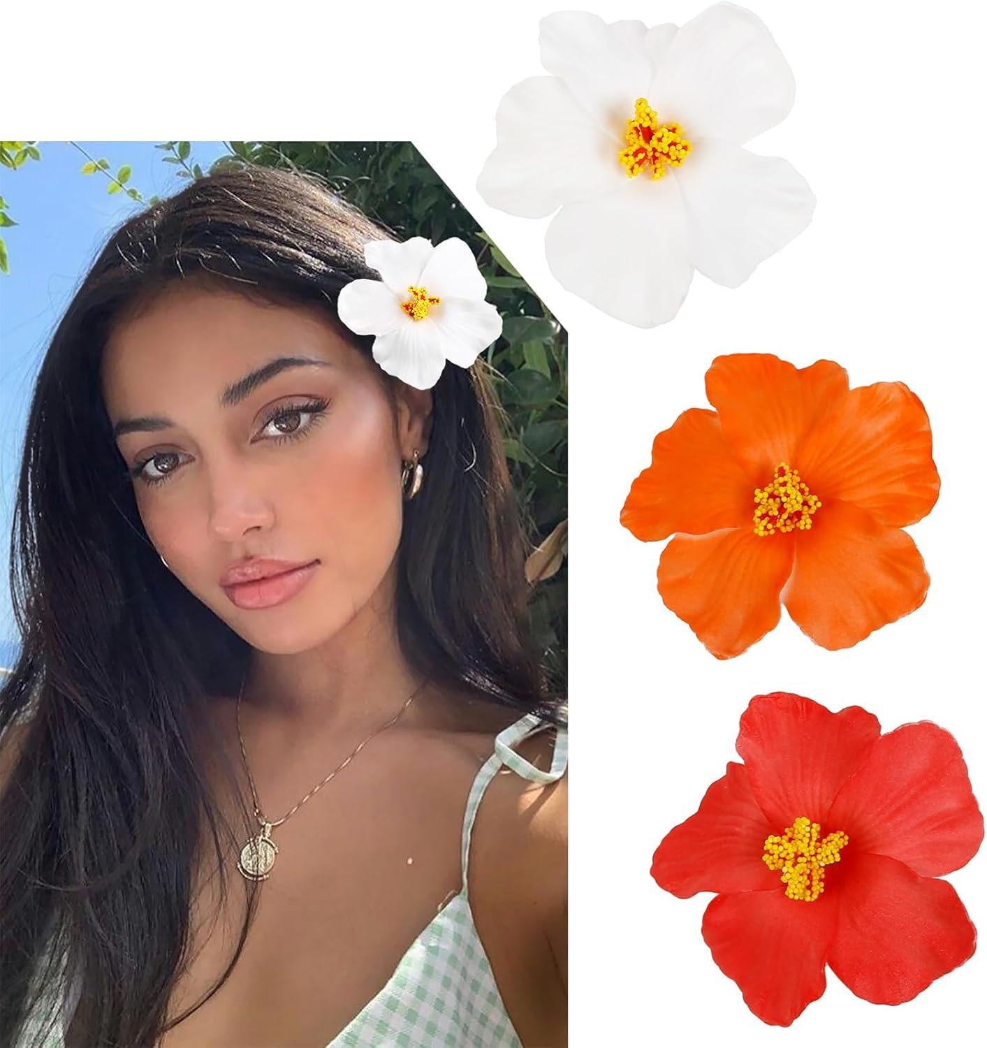 Nayyana 3 Pieces Hawaiian Flower Hair Clips for Women, Plumeria Hibiscus Hair Clip, Hair Clips, Hawaiian Flower Hair Clips, Artificial Flower Clips for Holiday, Beach Party image number 4