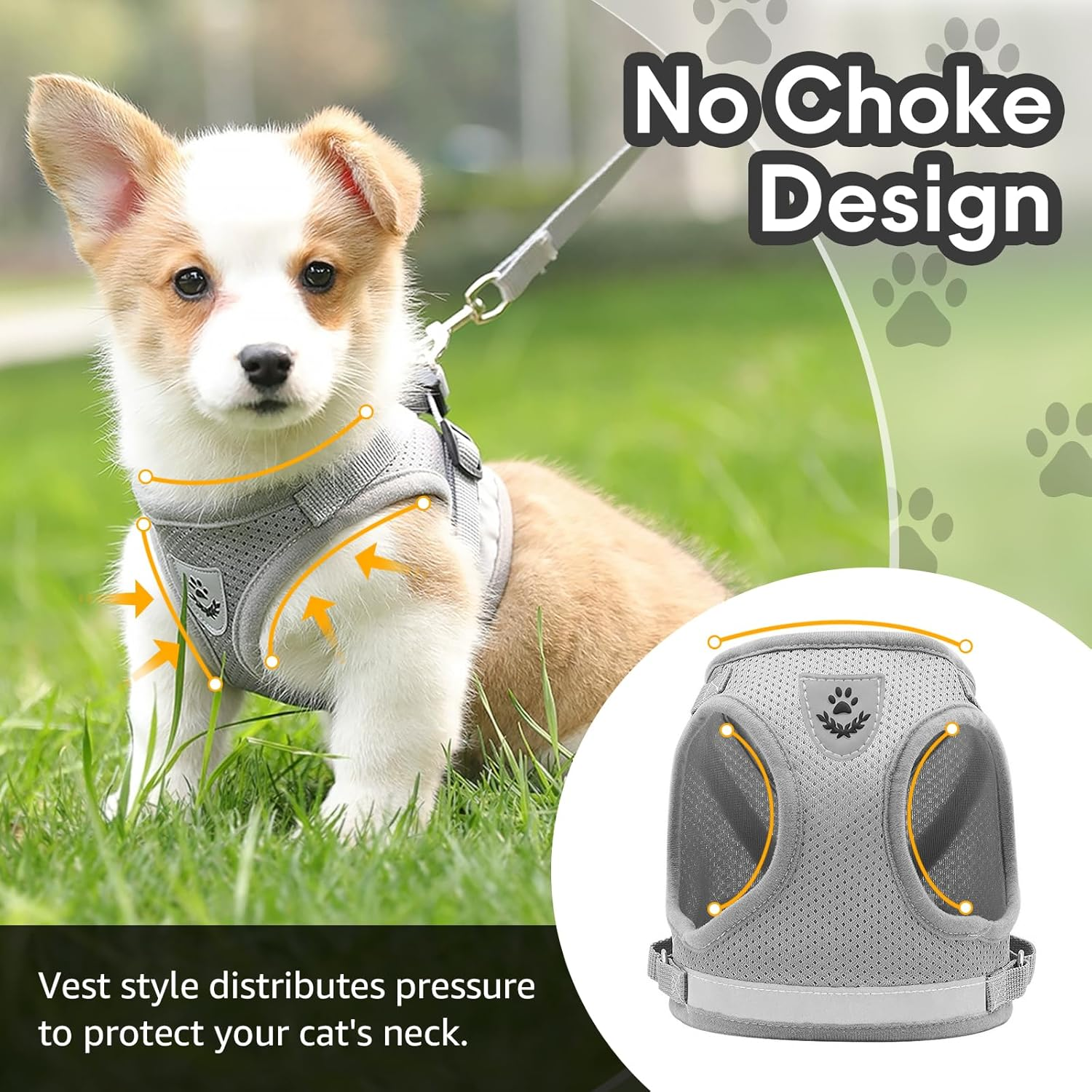 Adjustable Cat Harness, Escape Proof, Adjustable Cat Harness with Lead, Soft Inner Lining and Breathable Mesh, Reflective Harness Set for Outdoor Training, Walking, XS (Grey) image number 2