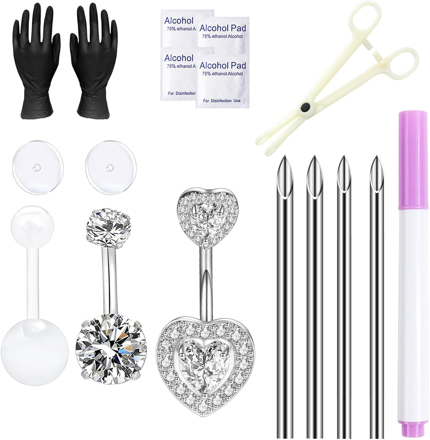 Vessantara Belly Button Piercing Kit - 17 Pcs Belly Piercing Kit Disposable 12G 13G Body Piercing Needles with Belly Button Rings Clamps