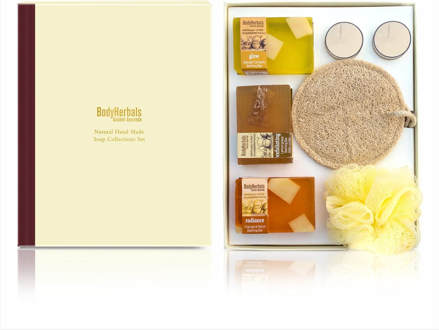 Bodyherbals Hand Made Soap Collections for Women'S Day- (Orange Neroli Bathing Bar 100Gms, Lemon Grass Bathing Bar 100Gms, Sandal Turmeric Bathing Bar 100Gms, Natural Loofah, Bath Puff, 2 Tea Lites) image number 3