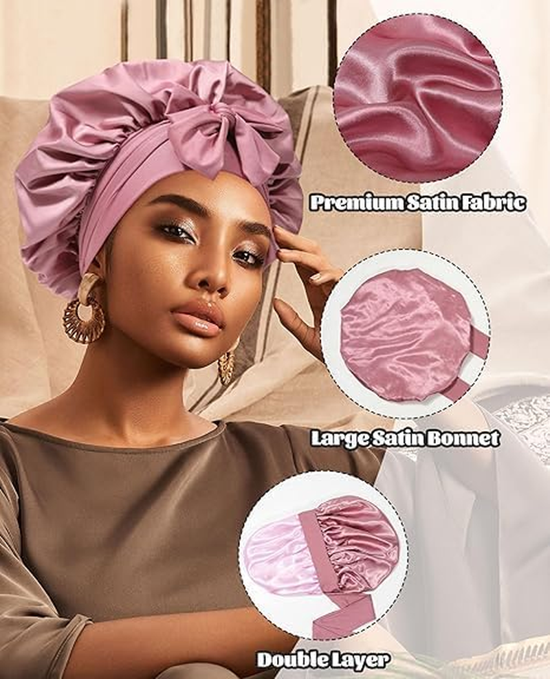 Silky Satin Bonnet for Sleeping,Double Layer Silk Hair Bonnet Women Large Wide Soft Band Sleep Cap for Curly Hair Braids