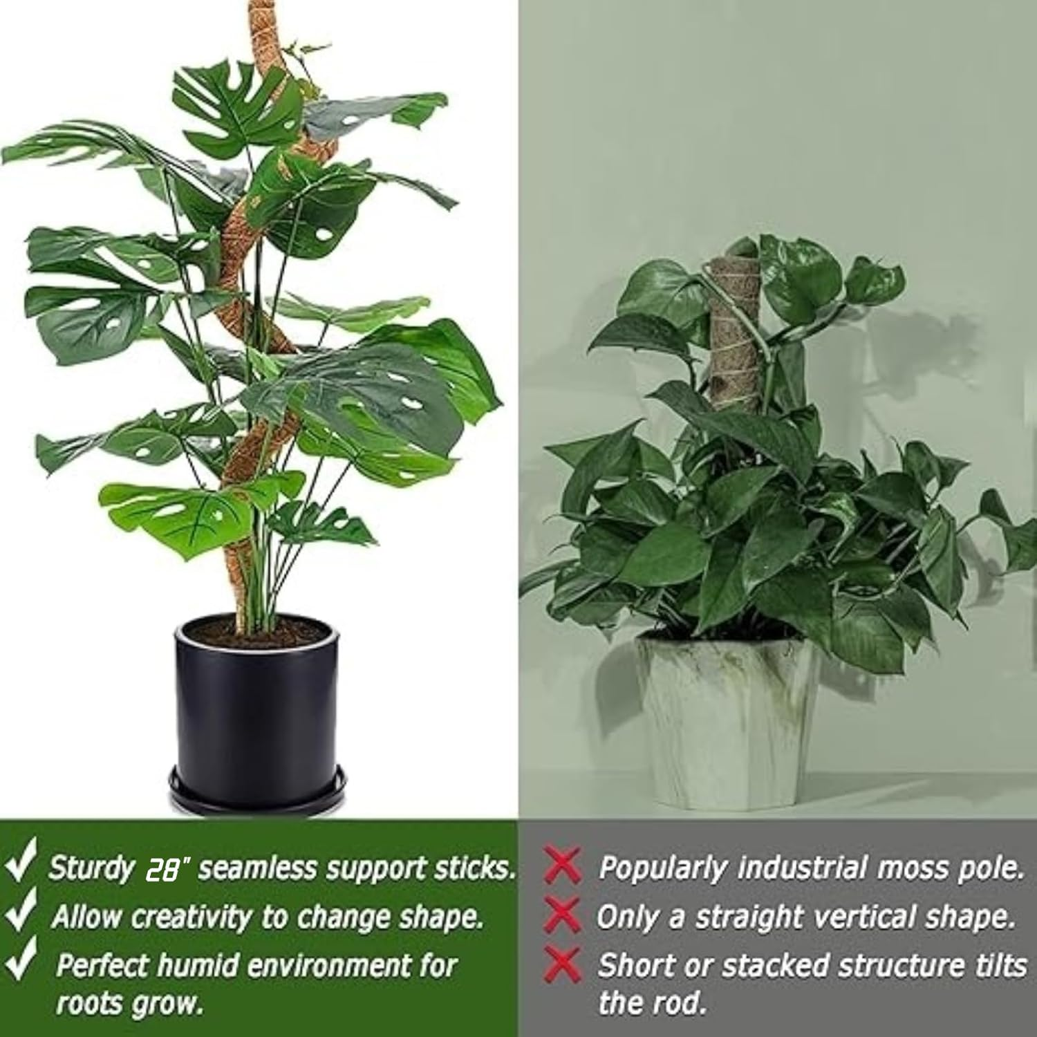 Kalione 2 Pack 28 Inch Moss Pole, Bendable Pole for Plants, Poles for Climbing Plants Indoor, Coconut Fibre with Aluminium Core，Coir Plant Sticks Support Stakes