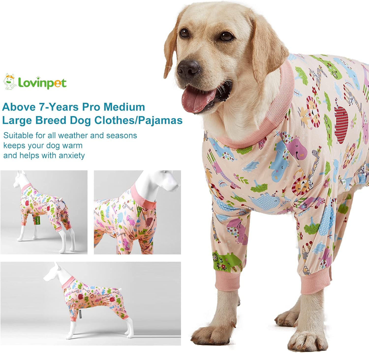 Lovinpet Large Dog Clothes: Pajamas for Large Dogs, Slim Fit/Lightweight Pullover Dog Pj'S, Full Coverage/Animals Allover Pink Print/Pet Pajamas/Xl image number 6