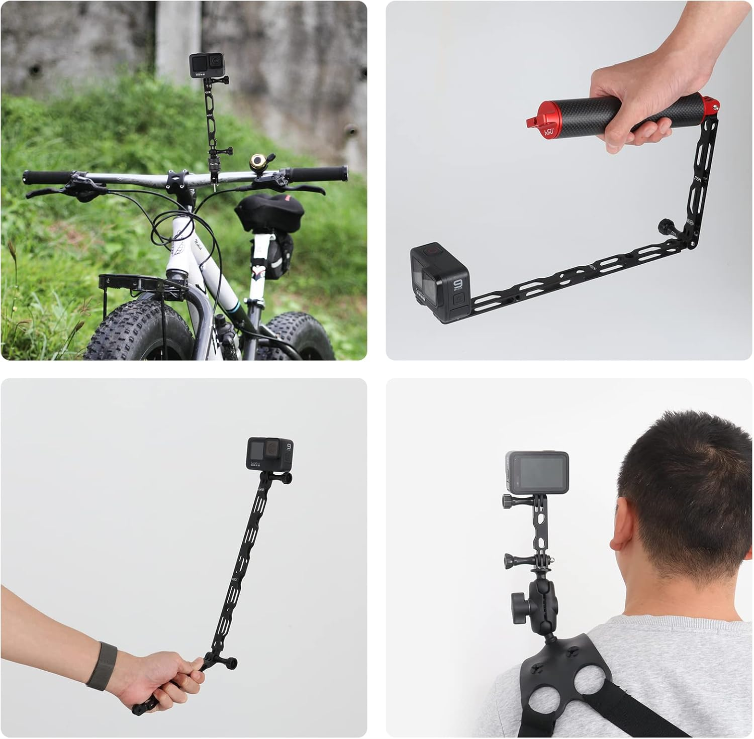 HSU (7 Pcs) All Aluminum Alloy Extension Arm Kit Metal Pole Mount Helmet Stick Extension Arm Mount for Gopro Hero 13/12/11/10/9/8/7/6/5 Black, DJI Osmo Action and More (11.8&rdquo;/6.5&rdquo;/3.3&rdquo;) (Black) - Black image number 1