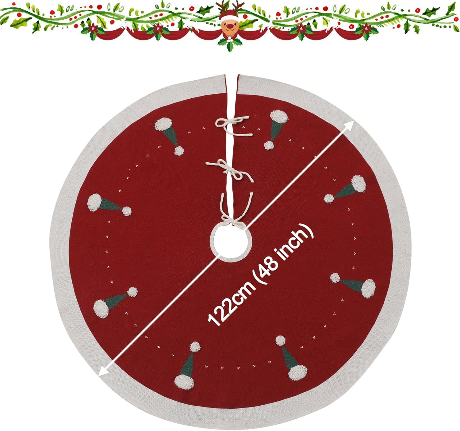 VNPONV Knitted Christmas Tree Skirt 48 Inches, Large Red Tree Skirt Luxury Christmas Decorations, Thick Xmas Tree Skirt with Cute Christmas Hat and White Fluffy Ball for Holiday Party Christmas Decor