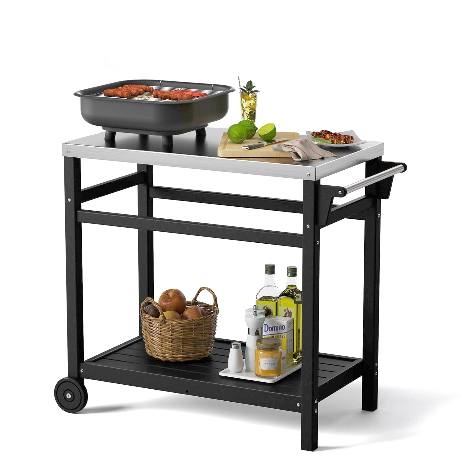 TORVA Outdoor Prep Cart,Portable Dining Table for Pizza Oven, Double-Shelf Patio Grilling Backyard BBQ Grill Cart(Black)