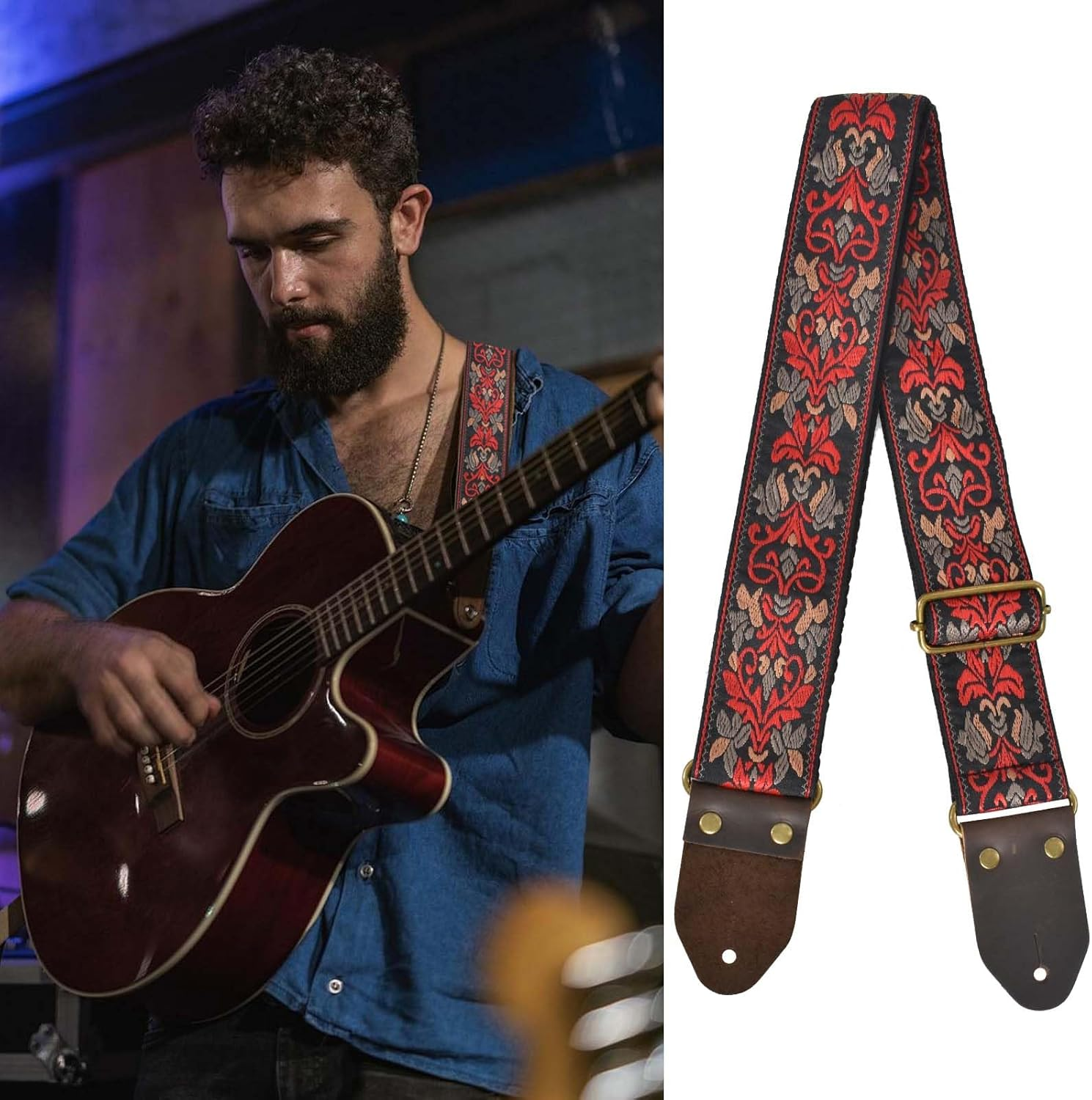 Guitar Strap, Electric Acoustic Guitar Strap Guitar Straps with Leather Ends Adjustable Guitar Shoulder Belt, Nylon Personalised Guitar Strap Checkerboard Guitar Strap for Adult & Kids image number 4