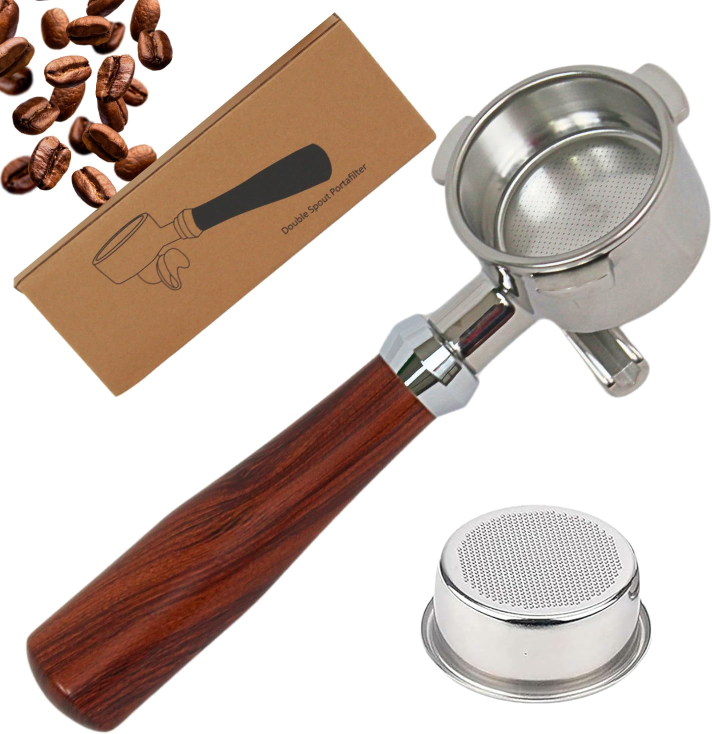 Espresso Portafilter 54Mm Double Spout Compatible with Breville Bambino plus (BES500) Infuser (BES840XL) 54Mm Breville Barista Series- Wooden Handle - Stainless Steel Filter Basked Included
