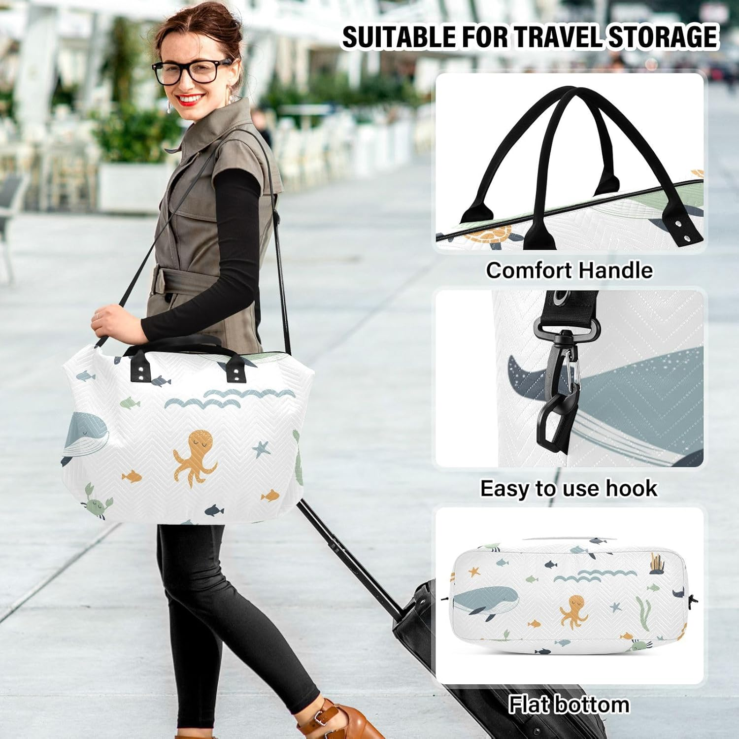 Seamless Whales Octopuses Sea Turtles Duffel Bags Travel Weekender Gear Bag Tote Bag with Adjustable Strap for Workout 2 Pcs Set, Seamless Whales Octopuses Sea Turtles, One Size, Seamless Whales