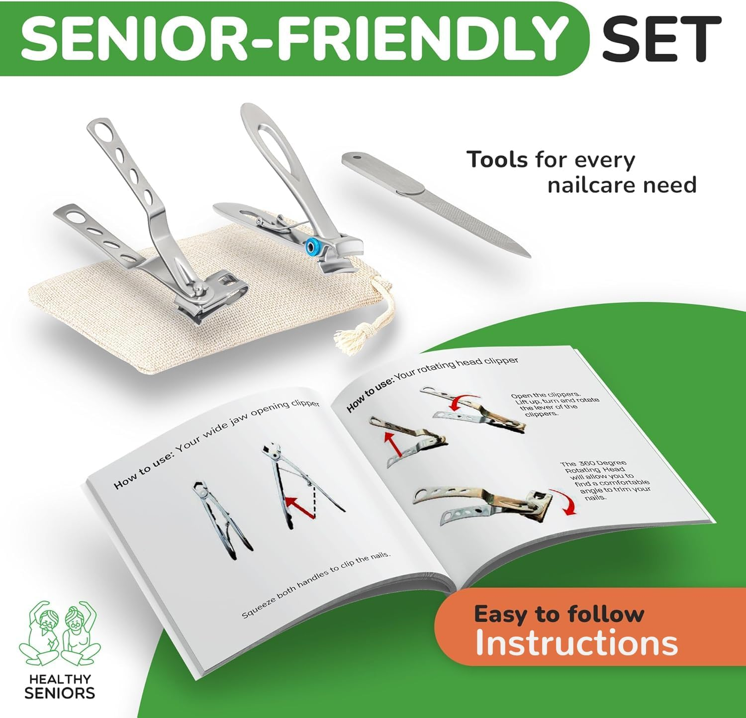 Healthy Seniors Nail Clippers Set, Easy Grip 360 Rotary Fingernail Clipper, Sharp Heavy Clippers for Thick Nails. Perfect for Diabetics or Seniors Suffering from Arthritis (3 Pieces)