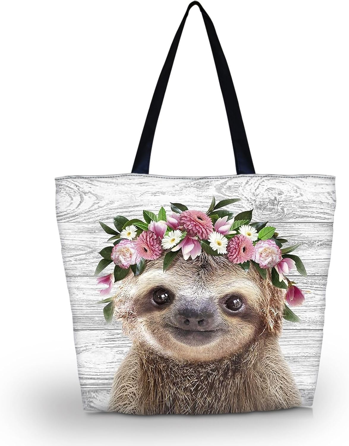 AOKSUNOVA Reusable Shopping Bags Large Foldable Grocery Bag Cute Sloth Tote Bag for School Black