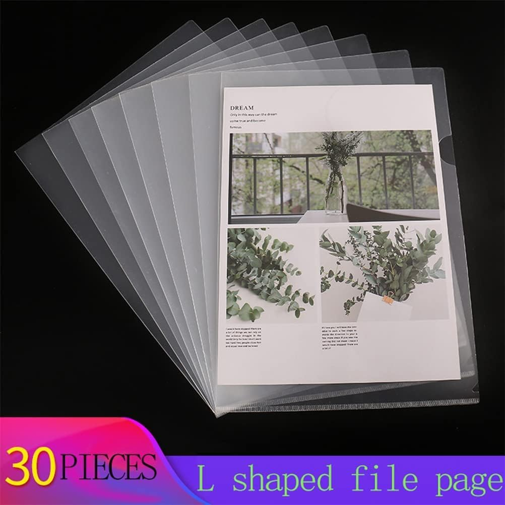 30Pcs A4 Cut Flush Folders, Betterjonny 180&Mu;m L Shape Transparent File Cover Plastic Top & Side Open Document Wallet for School Office White image number 1