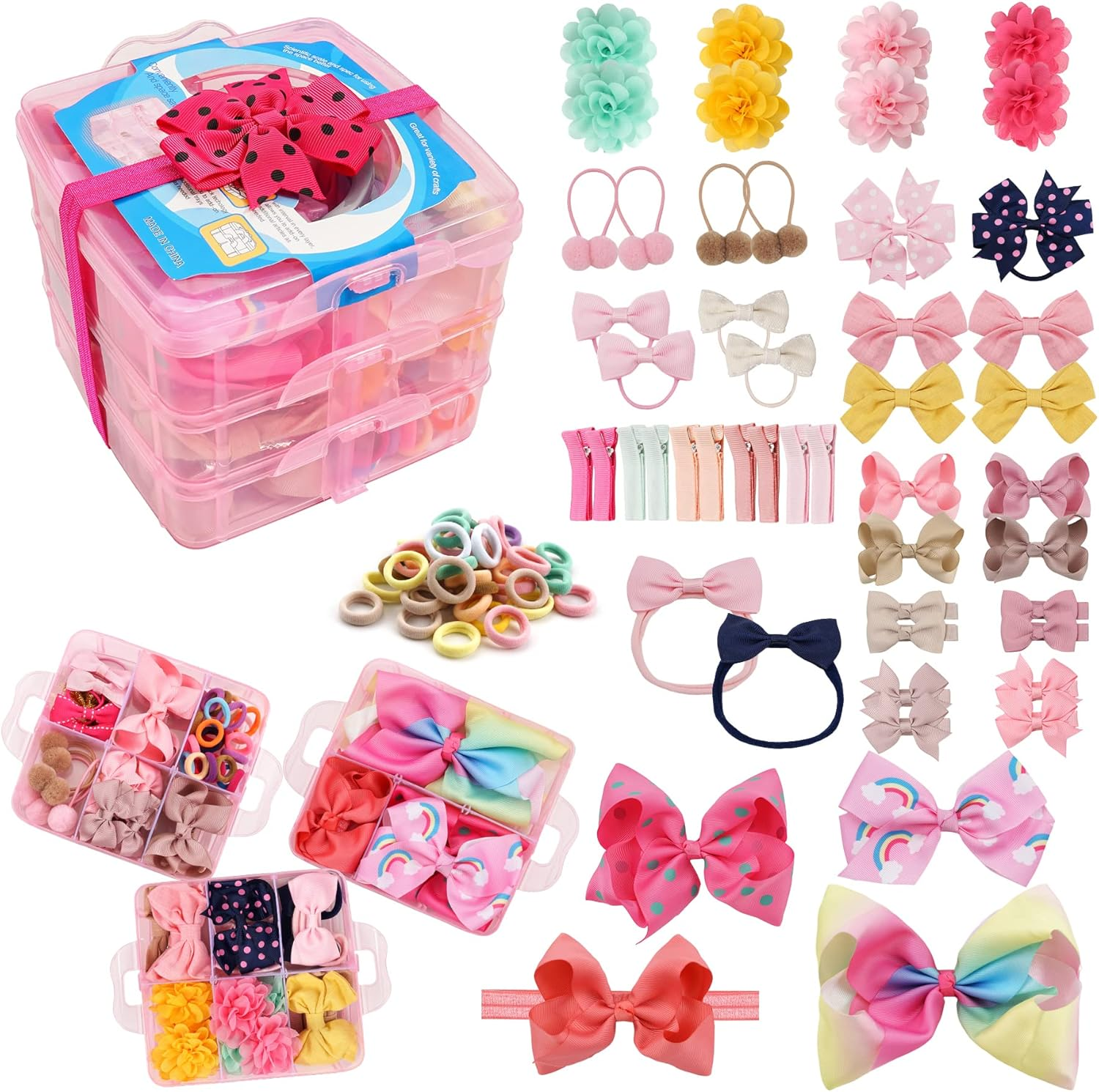 JOYOYO 3 Layer Toddler Girls Gift Box of Hair Accessory, Includes Baby Hair Clips Hair Ribbons Hair Slides and Bows Baby Hair Ties Large Hair Bows DIY Alligator Clips Baby Headbands image number 6