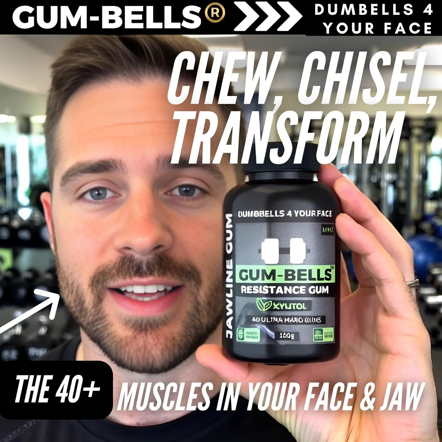 GUMBELLS&reg; Xylitol Jawline Gum &ndash; Ultra Tough Hard Gum | Jawline Shaper & Jaw Exerciser | Mewing & Looksmaxxing Tool | Mint Flavour | Sorbitol + Sugar-Free | 2-Month Pack of (40) image number 2