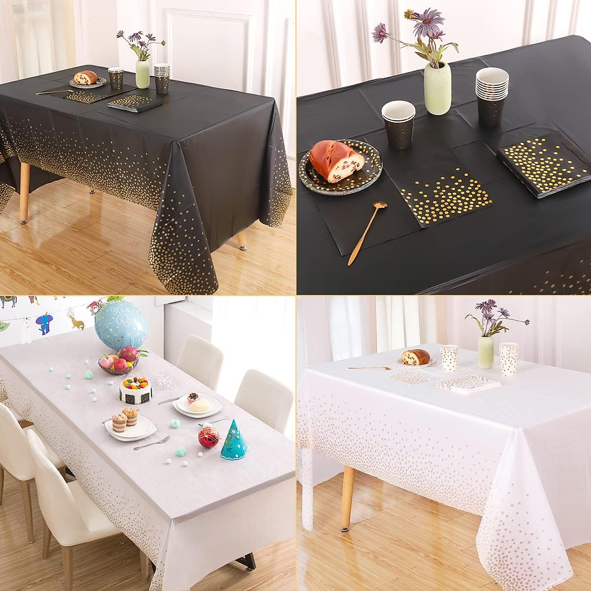 8 Packaging Black and Gold Plastic Tablecloth, 54 Inch X108 Inch Rectangular Disposable Dot Party Table Cover, Suitable for Birthday, Graduation, Restaurant, Wedding Decoration Tablecloth image number 6