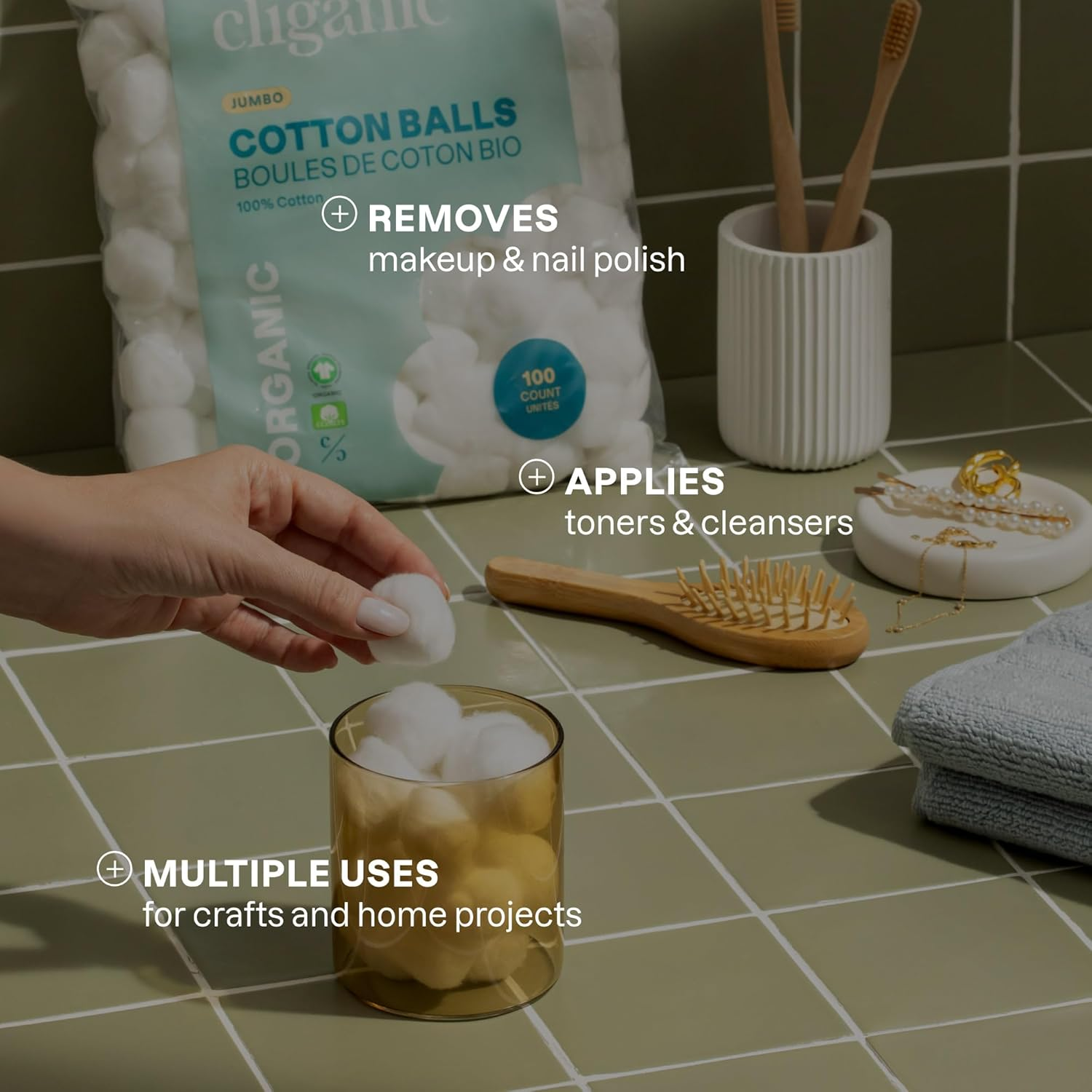 Cliganic Organic Super Jumbo Cotton Balls (100 Count) - Hypoallergenic, Absorbent, Large Size, 100% Pure (Packaging May Vary) image number 2