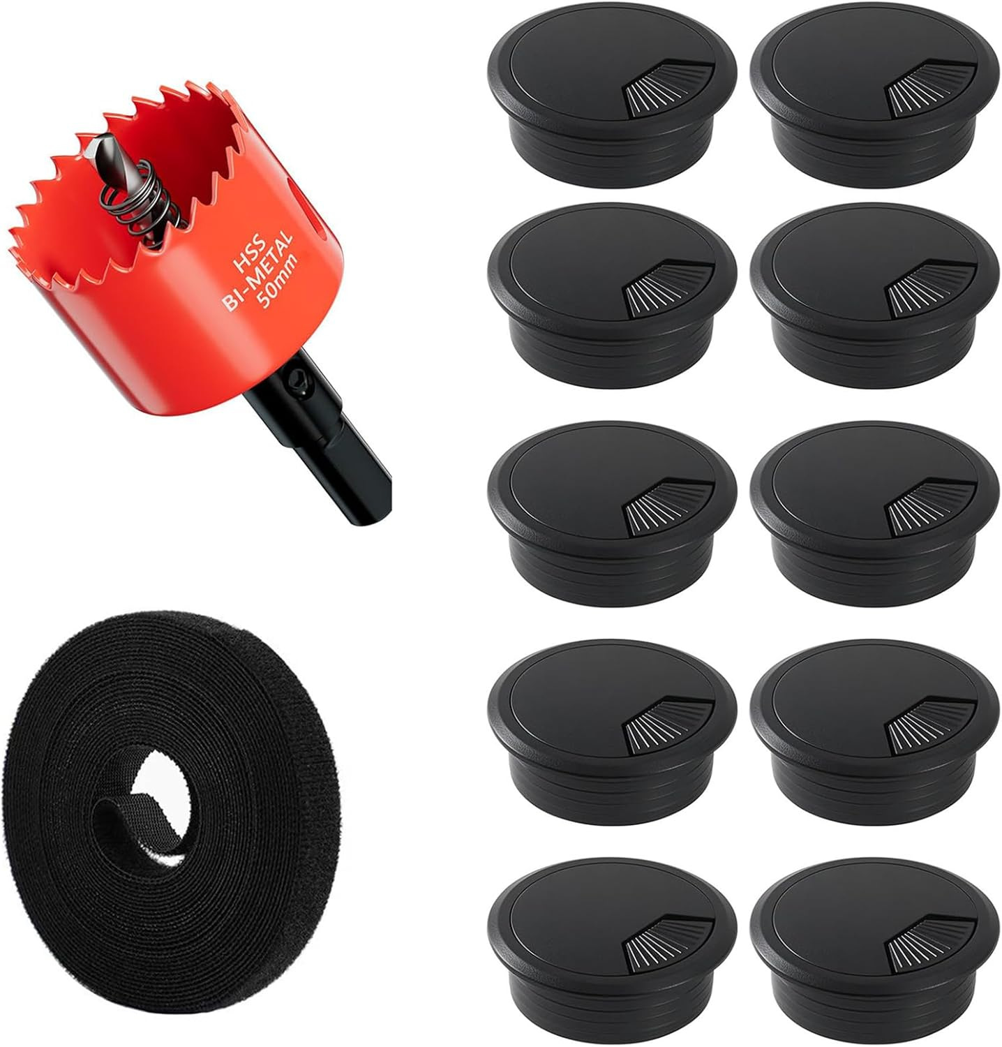 Desk Grommet & Cable Management Kit with Hole Saw - 12-Piece Set Includes 50Mm Cable Hole Covers, Bi-Metal Hole Saw, 5M Cable Tape - Office Desk Cable Organizer for Neat Workstation image number 2