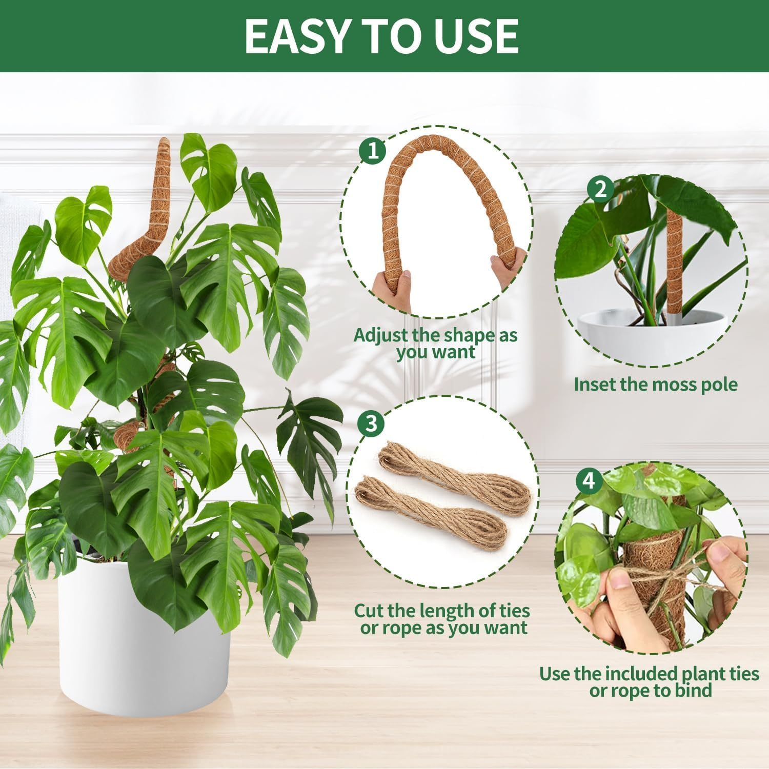 2 Pack Moss Pole, 48 Inch/120Cm Bendable Moss Pole for Plants Monstera, Moss Poles for Climbing Plants, Handmade Coco Coir Pole Plant Sticks Support Plant Stakes for Indoor Plants to Grow Upwards