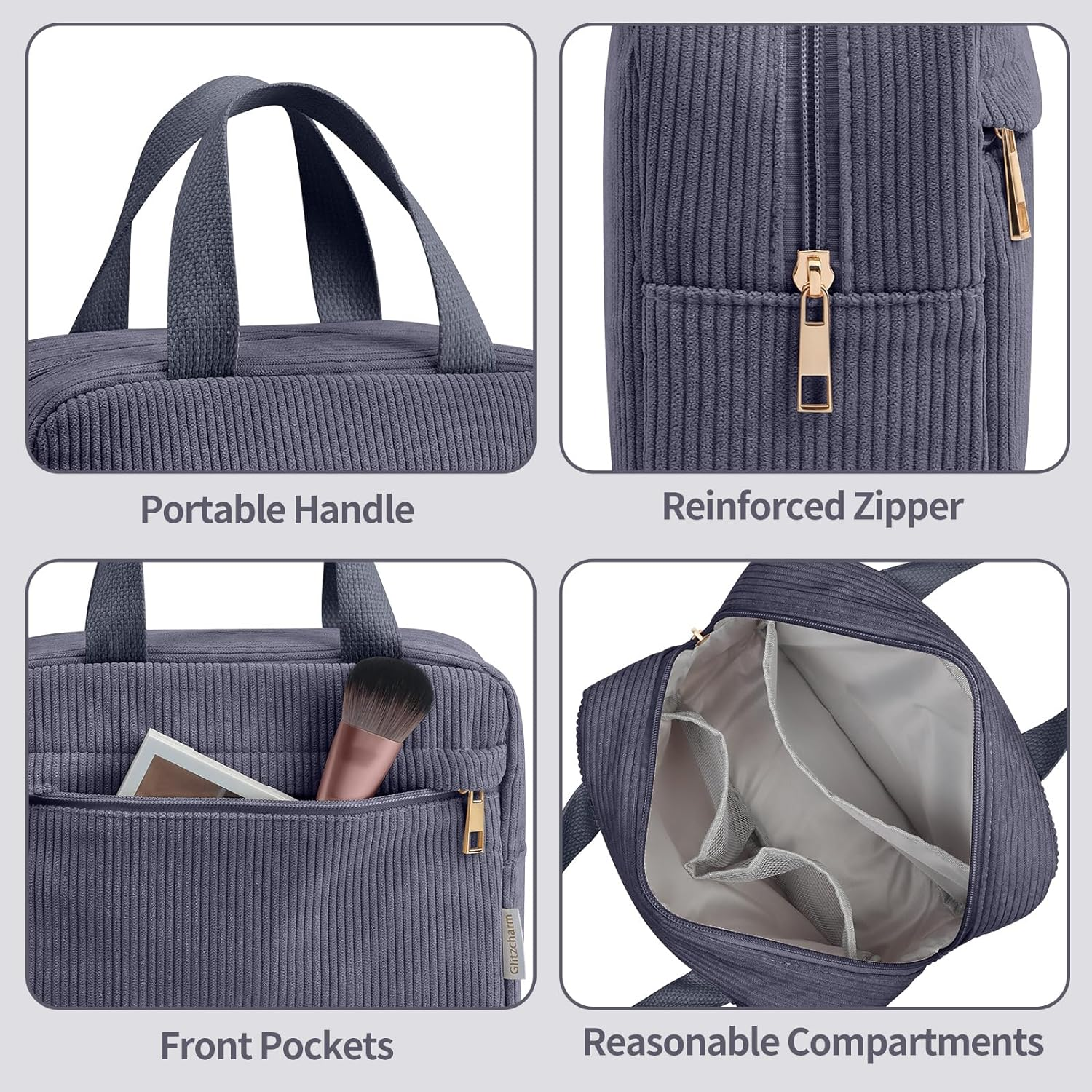 Cosmetic Bag Corduroy Makeup Bag, 2 Pcs Make up Bags Women Large Travel Cosmetic Bag Portable Makeup Bag with Handle for Girls Women(Gray) image number 6