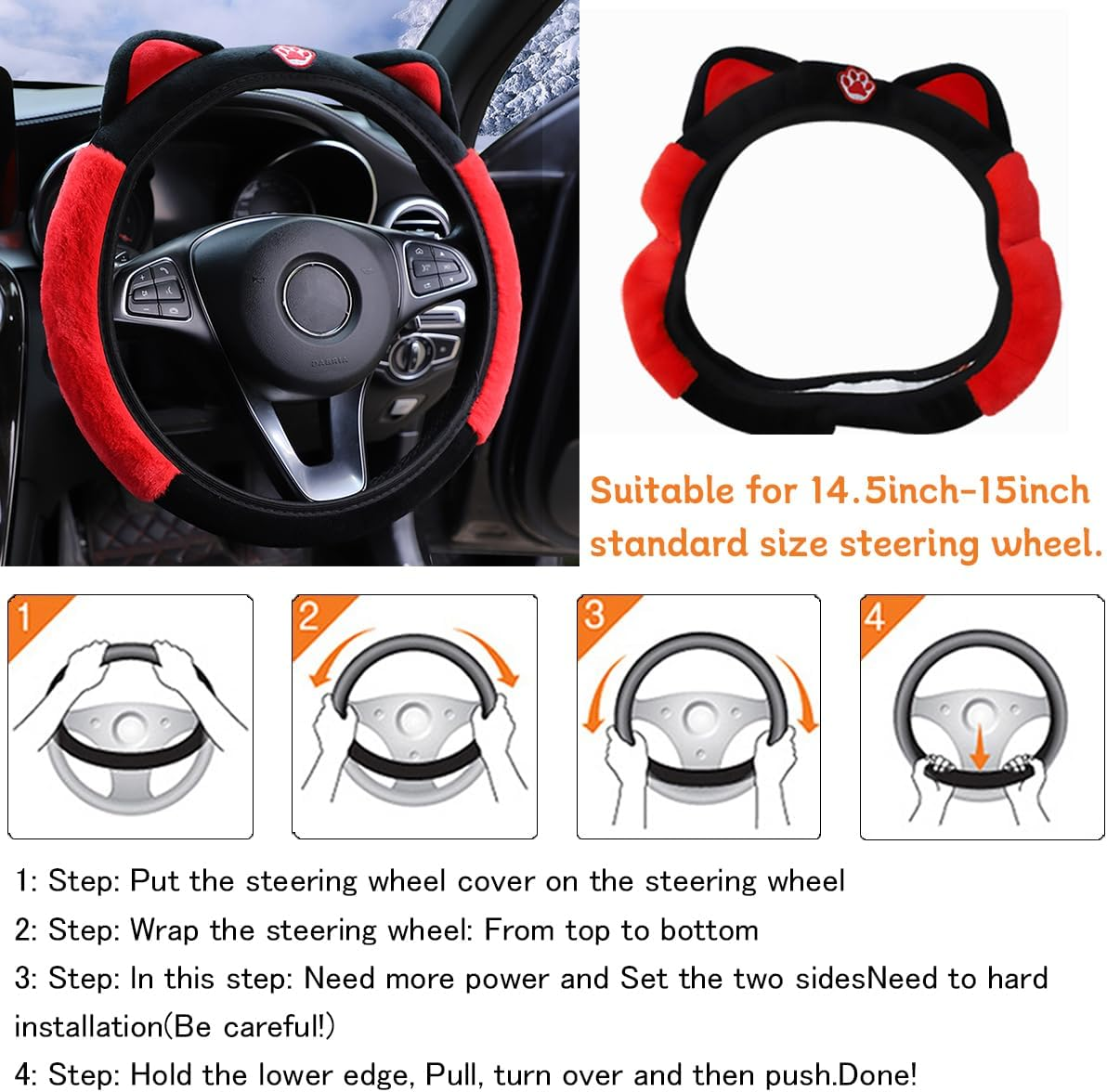 Car Steering Wheel Cover, Fluffy Soft Plush for Winter Warm, Cute Steering Wheel Protector with Kitty Cat Ears, Universal 15 Inch, Elastic & Anti-Slip, Lovely Decor Car Accessories (Black/Red) image number 3