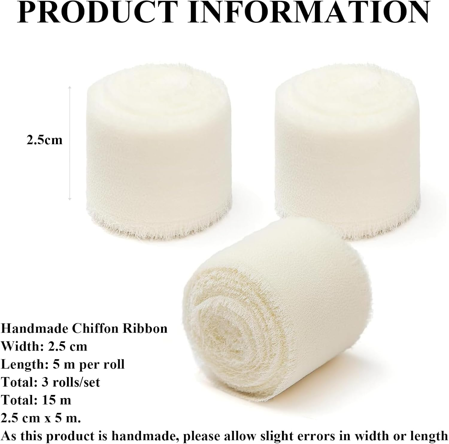 Rhoyee 3 Rolls Ivory Chiffon Ribbon &ndash; Handmade Fringe Silk Ribbon Set (2.5Cm X 5M Each, 15M Total) for Wedding Bouquets, Gift Wrapping, Invitations, DIY Crafts & Floral Decorations image number 4
