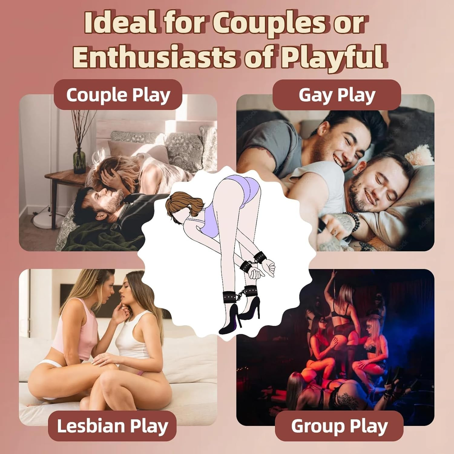 Sex Toys Sexy Cosplay Plush Handcuffs and Blindfold Set - Soft PU Leather Handcuffs for Bed, Couples Party Supplies for Lovers, Adjustable and Comfortable Restraints for Intimate Moments Black image number 3