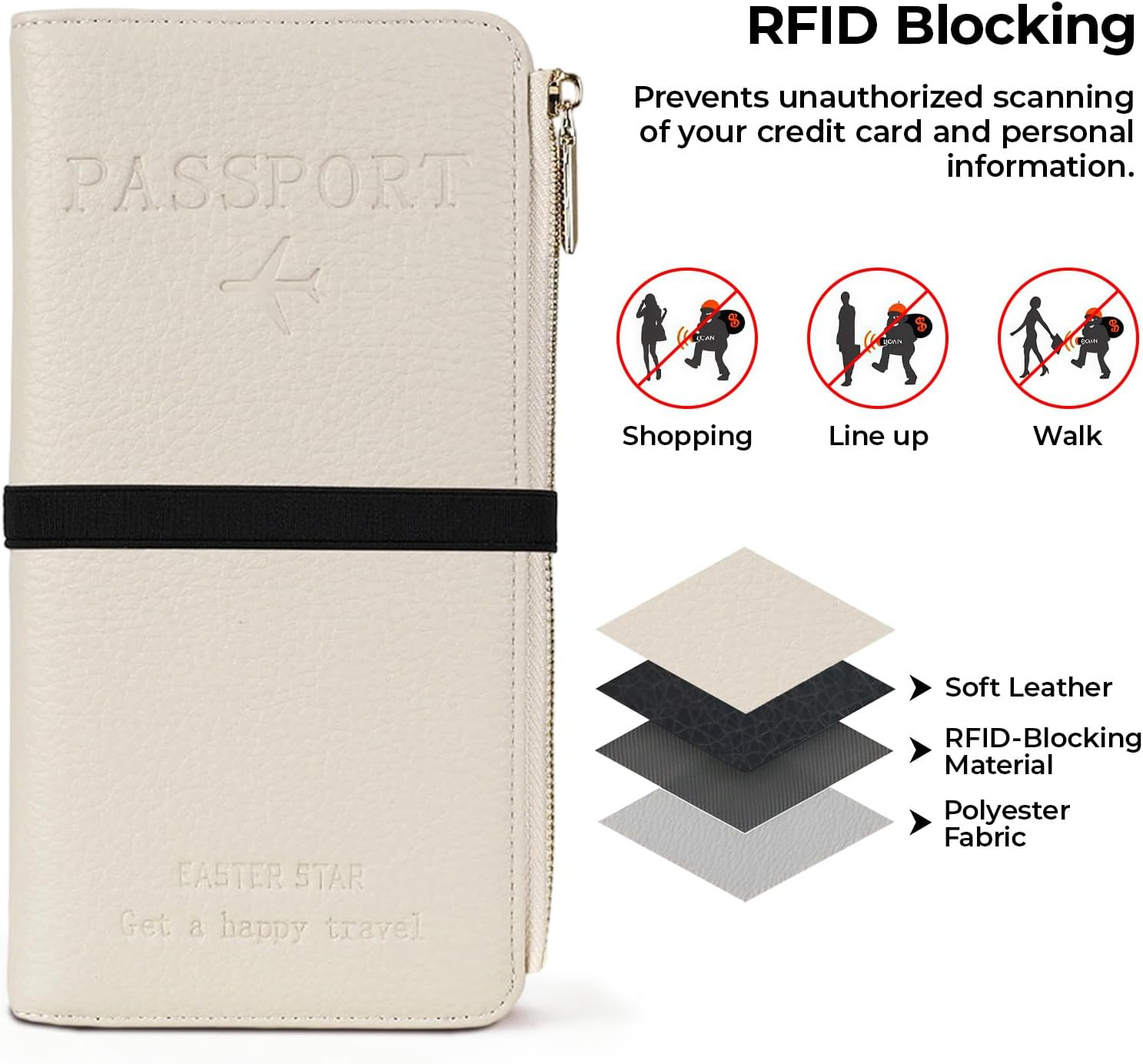 Tzylomirx RFID Passport Holder Wallet, Blocking Leather Travel Wallet with Zipper Pocket, Card Slots & Phone Compartment, Waterproof Travel Organizer Passport Case for Women & Men (White) image number 5