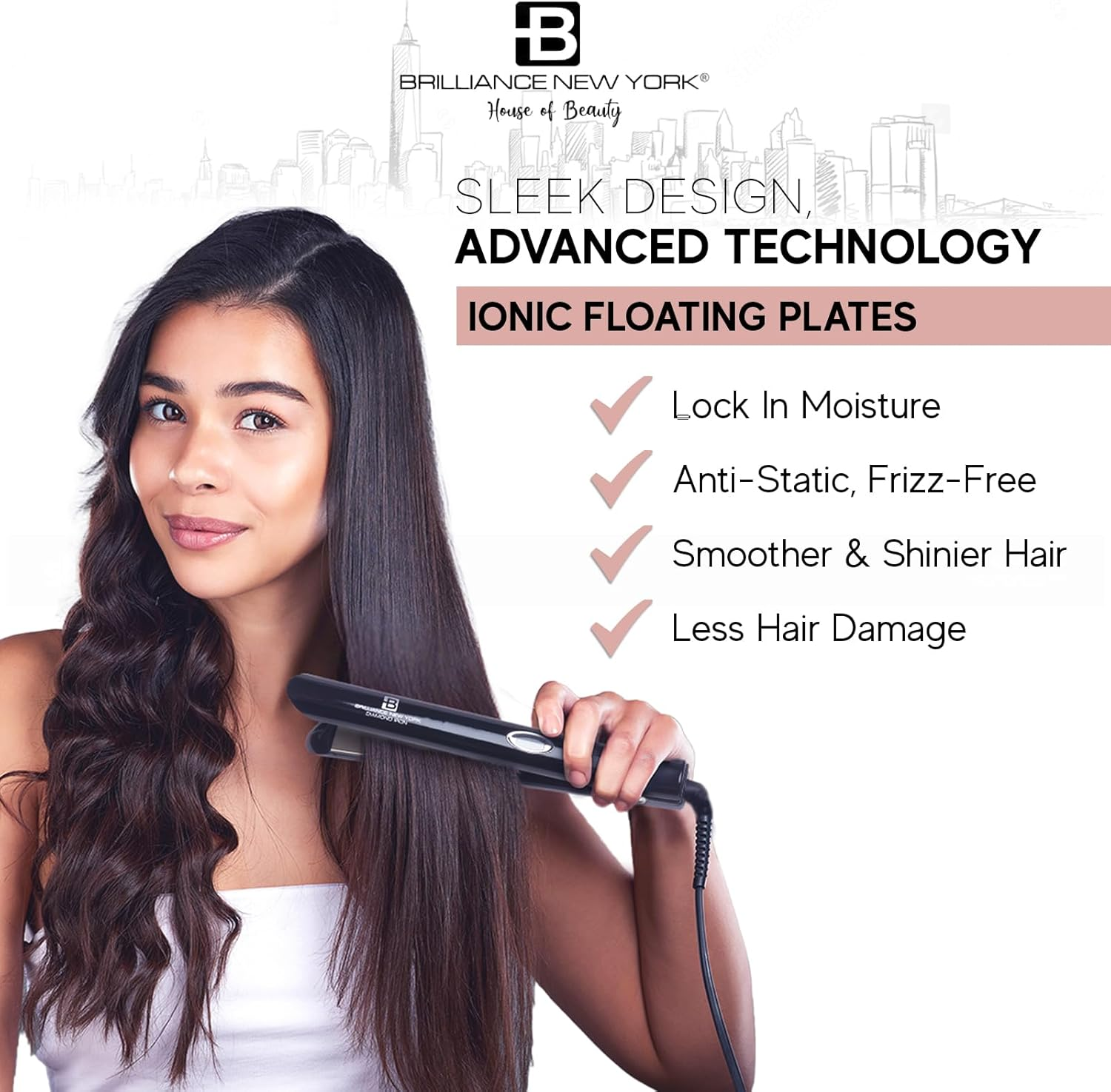 Brilliance New York - 1 Inch Diamond Titanium Flat Iron - 2 in 1 Hair Straightener and Curler - Anti-Static, Frizz-Free Ionic Plates - Auto Shut-Off Dual Voltage Flat Iron W/Lcd Display