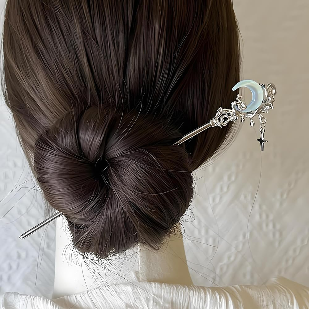 2Pcs Star Moon Hair Sticks for Buns Long Hair Metal Silver Hair Stick Pin Hair Chopsticks for Women Chinese Hairpin Hair Pin Vintage Hair Pins Hair Chopstick Hairstick Hair Accessories for Gifts image number 3
