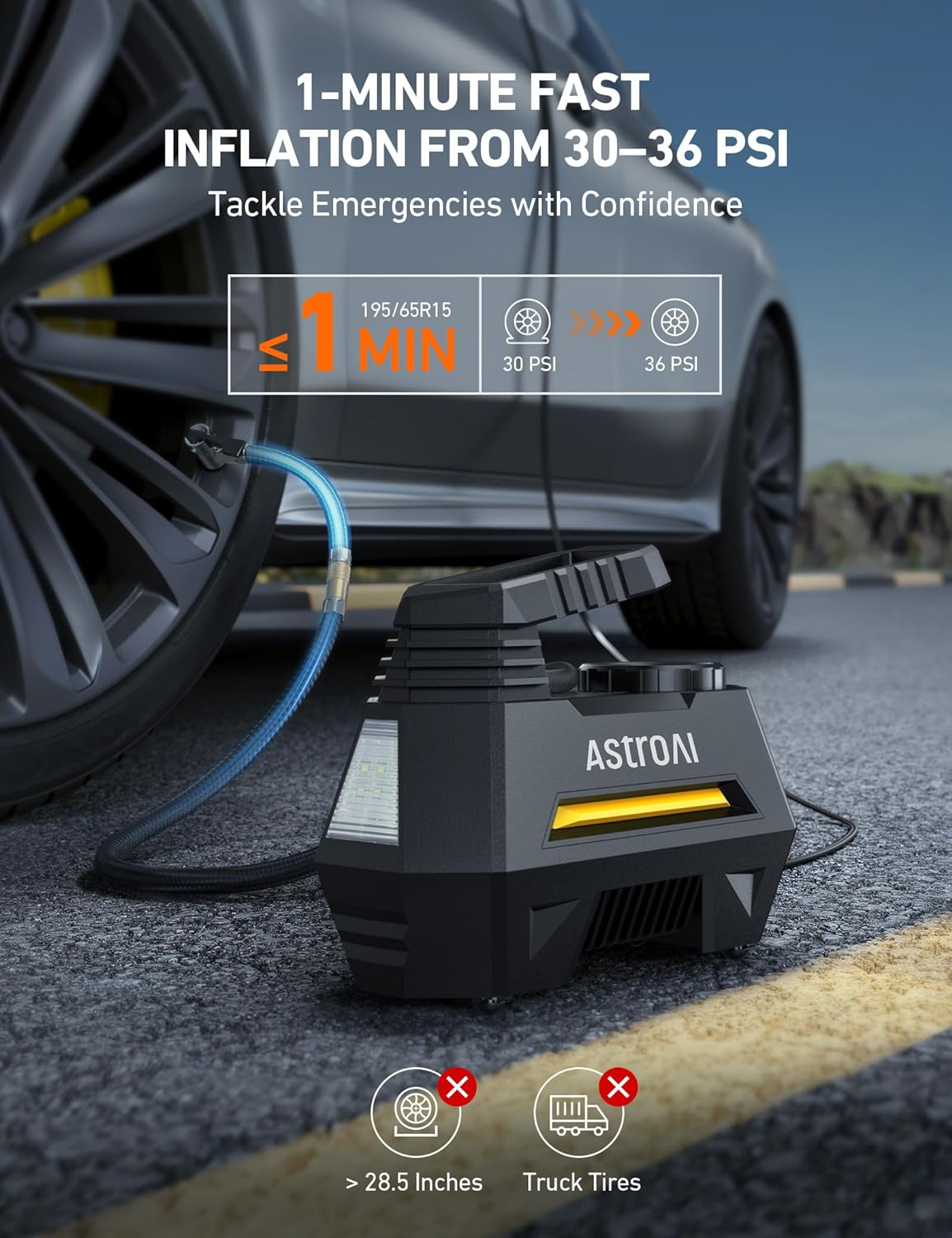 Astroai Car Tyre Inflator Portable Air Compressor, DC 12V Auto-Off Electric Tyre Pump with Digital Tyre Pressure Gauge, 0-100PSI Custom Mode Fast Inflation for Cars, Bikes, Motorbikes, Balls
