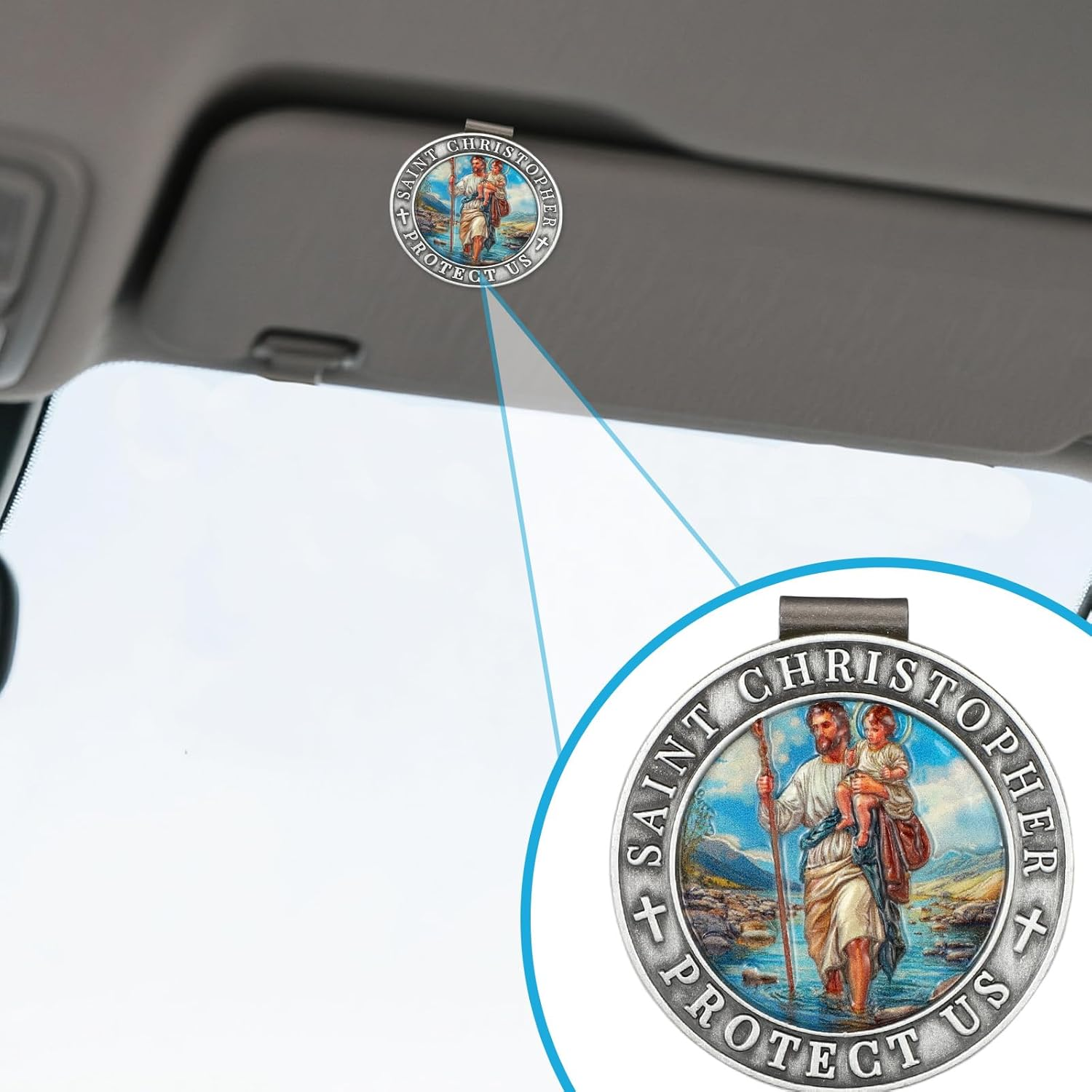 St Christopher Medal for Car, 1.77In/4.5Cm 3D Colorful St Christopher Medal Visor Clip Driving Safety Religious Gift image number 1